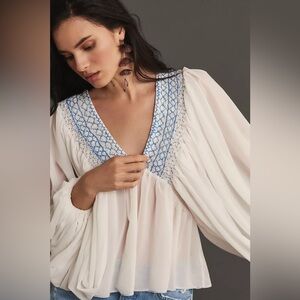 NWT Anthropologie Sheer Smocked Embroidered Billowy Babydoll Top in White & Blue